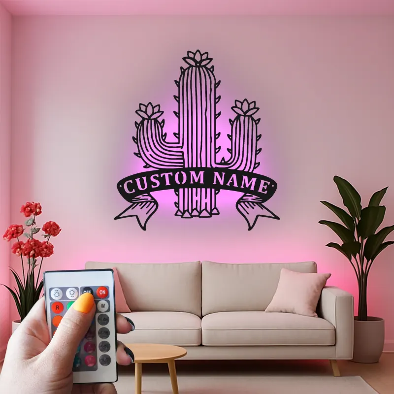 Insegna in metallo personalizzata con cactus e luce LED, regalo per amanti delle piante, decorazione per la casa in stile sud-ovest