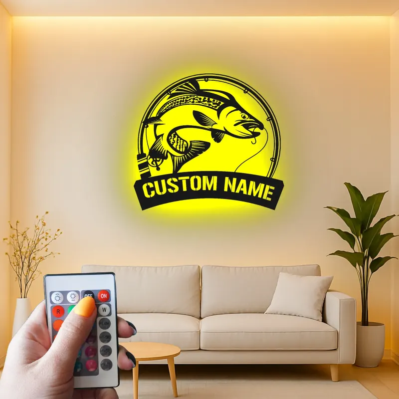 Panneau de pêche personnalisé avec LED | Décoration murale en métal sur mesure de bar | Déco prénom de pêcheur pour maison de lac et chalet
