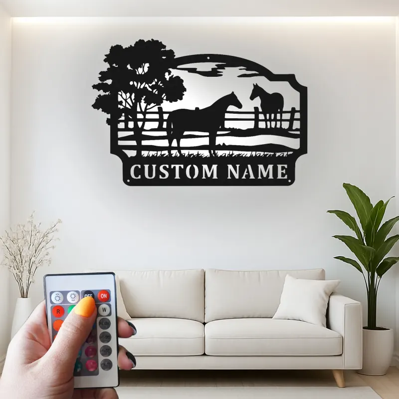 Insegna per Ranch di Cavalli Personalizzata con LED | Arte in Metallo Personalizzata | Decorazione Equestre per Regalo da Fattoria