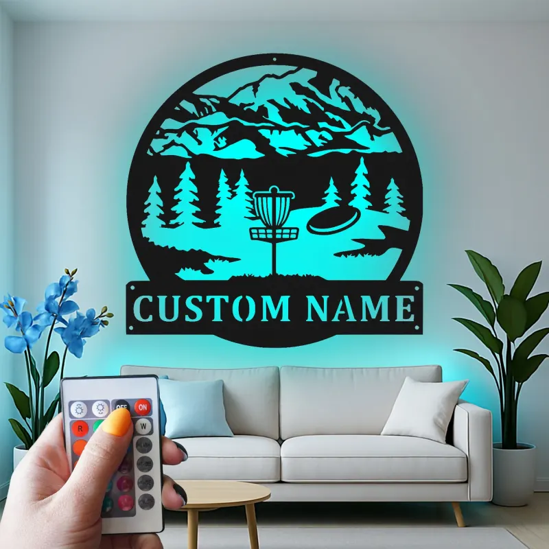 Custom Disc Golf Mountain Scene Led Light Metal Wall Art Personalized Gift for Disc Golfers Outdoor Enthusiast Decor