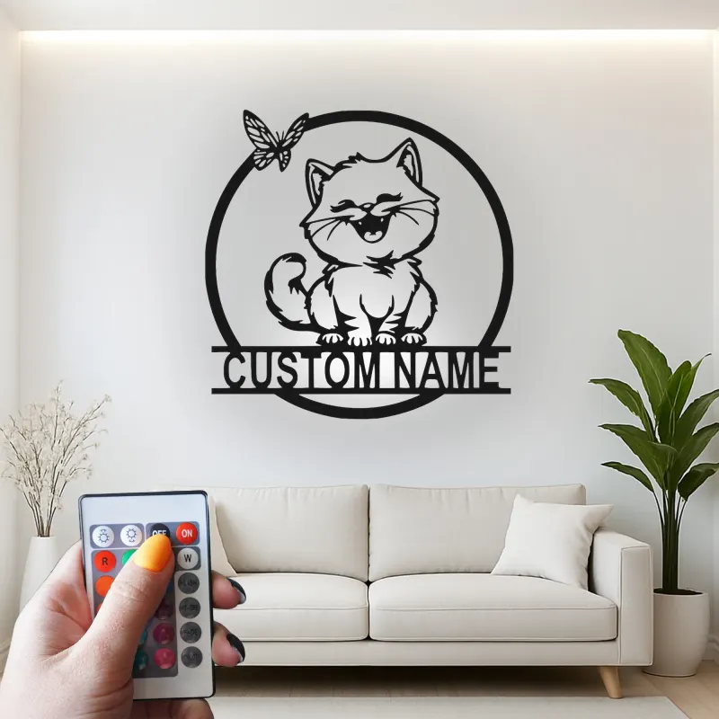 Custom Cat and Butterfly Led Light Metal Wall Art Personalized Gift for Cat Lovers Bedroom or Living Room Decor