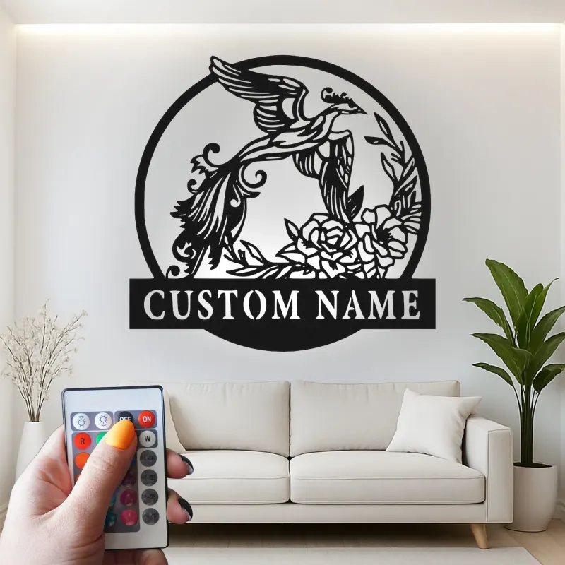 Cartel de Fénix Personalizado | Arte Mural de Metal con LED | Logo de Negocio Personalizado y Decoración Floral para el Hogar