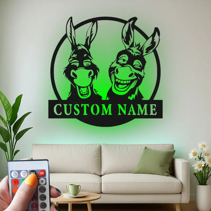 Insegna in metallo personalizzata con duo di asini LED per amanti della fattoria