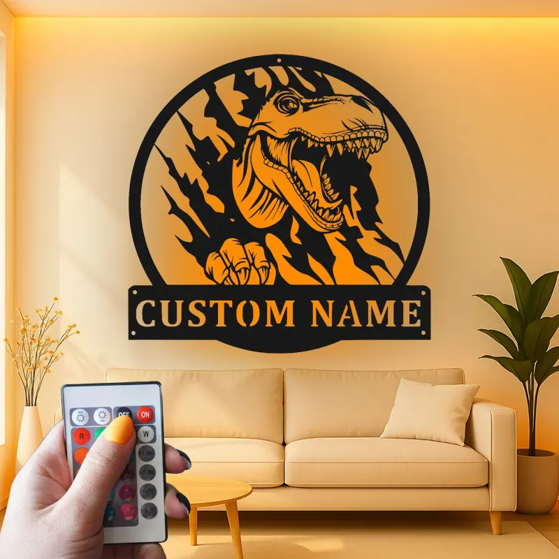 Cartel de metal personalizado de luz LED de dinosaurio T-Rex regalo personalizado para la habitación o sala de juegos de los niños