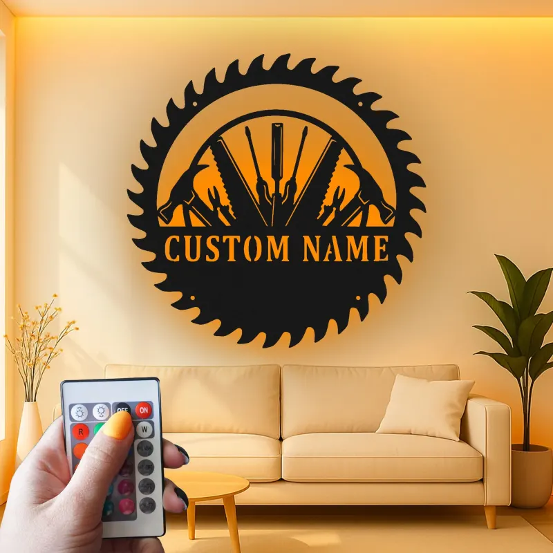 Décoration murale en métal personnalisée avec rétroéclairage LED en forme de lame de scie - Cadeau unique pour bricoleur, décoration de garage et d'atelier