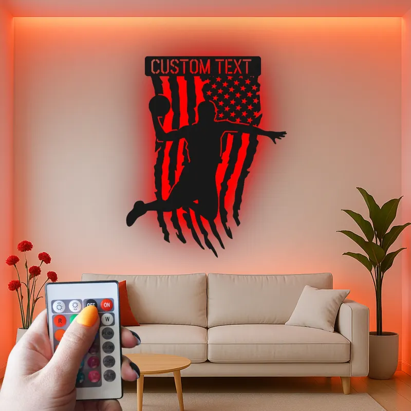 Insegna LED in metallo personalizzata per basket | Arte murale sportiva patriottica | Regalo personalizzato per atleta | Decorazione camera ragazzi