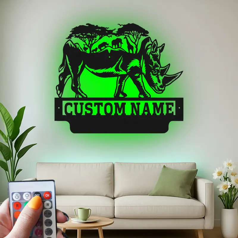 Custom Rhino Safari Metal Sign | LED Backlit Wildlife Wall Art | Personalized Animal Decor | Premium Laser Cut Gift