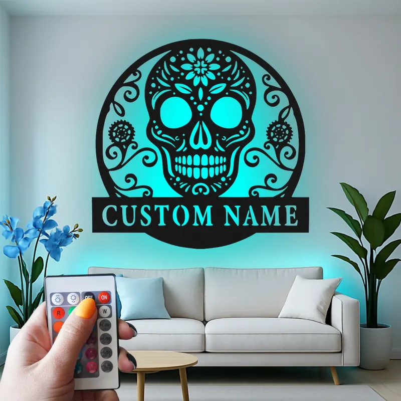 Sugar Skull LED Metal Wall Art | Personalized Day of the Dead Sign | Custom Name Gothic Decor for Home & Studio | Laser-Cut Metal