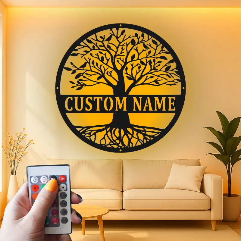 Art Mural LED Arbre de Vie | Panneau de Nom de Famille Personnalisé | Décor Métal Personnalisé pour Entrée | Cadeau de Crémaillère pour Couples