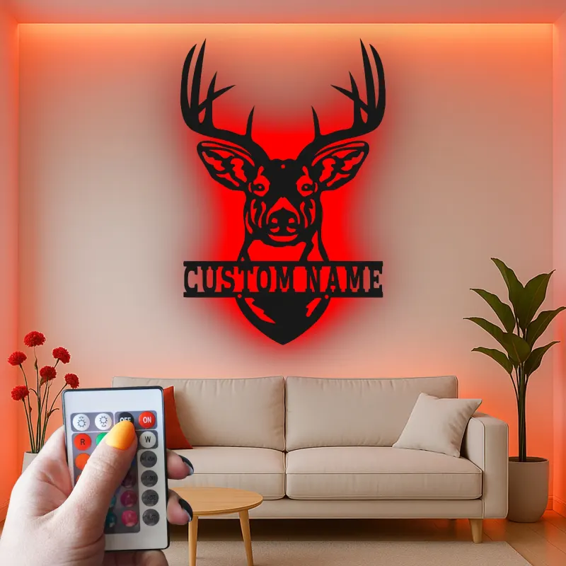 Décoration murale en métal personnalisée avec tête de cerf, rétroéclairage LED, cadeau pour chasseurs, décoration de lodge rustique