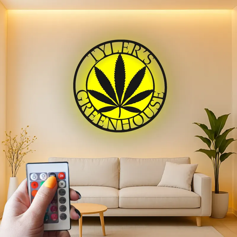 Custom Cannabis Leaf Led Light Metal Wall Art Personalized Gift for Greenhouse Enthusiasts Home Decor