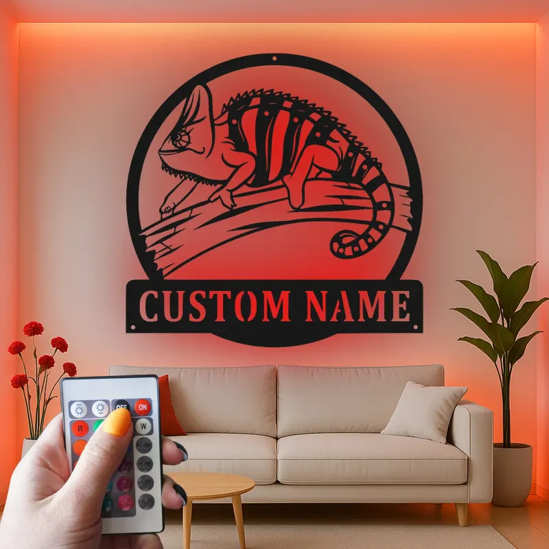 Cartel de metal LED personalizado de camaleón, regalo único para entusiastas de los reptiles, decoración de dormitorio o salón