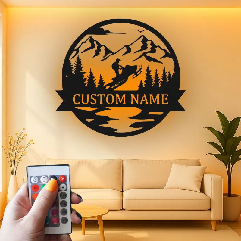 Personalized Snowmobile Metal Sign | LED Mountain Wall Art | Custom Rider Name Decor | Winter Sports Gift
