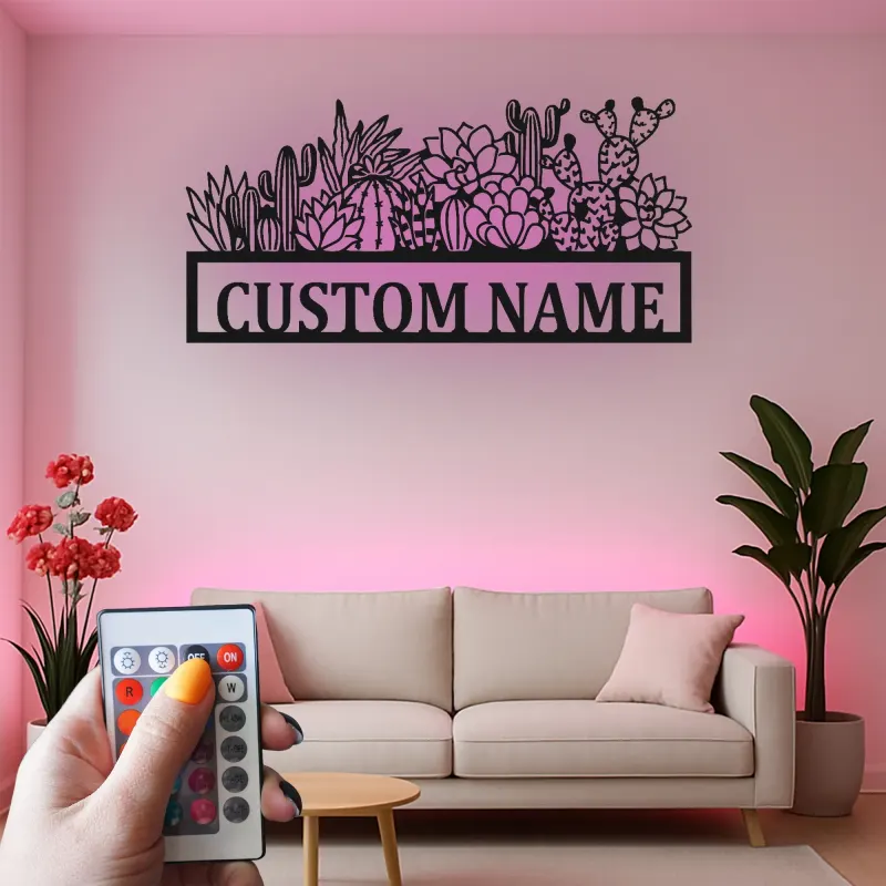 Panneau en métal personnalisé Cactus avec LED | Décoration murale succulente personnalisée pour entreprise | Décor botanique boho désert pour salon ou studio