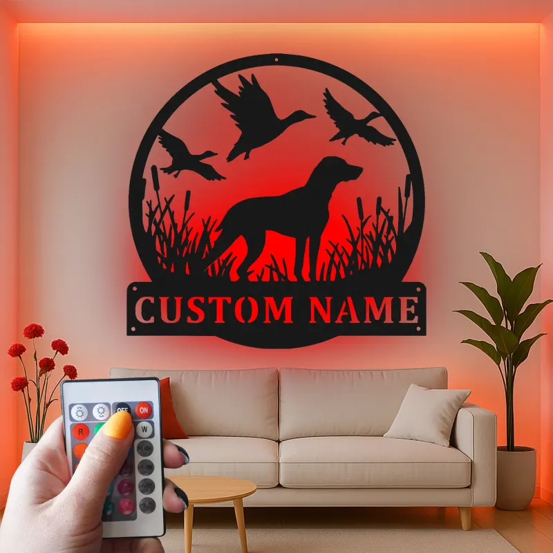 Insegna per Cacciatore Labrador Retriever | Insegna in Metallo LED Personalizzata | Regalo per Cacciatori e Decorazione per Cani