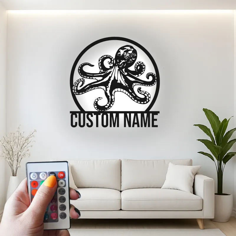 Décoration murale LED en métal pieuvre personnalisée | Plaque avec nom sur mesure | Déco nautique pour bureau et maison côtière | Cadeau pour amoureux de l’océan