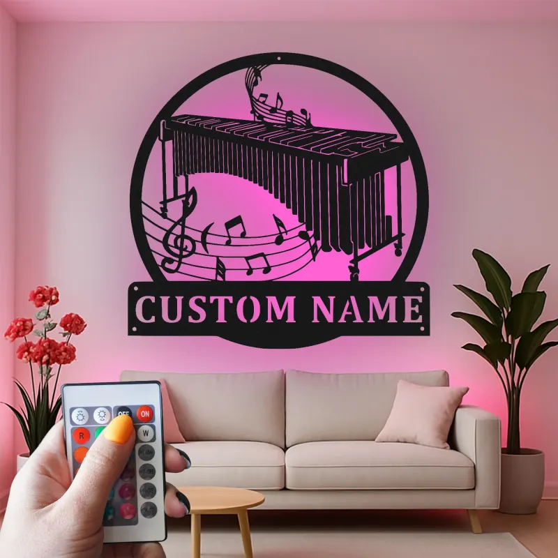 Decoración mural de metal personalizada con marimba | Letrero LED a medida para sala de música | Placa con nombre para músico | Decoración de estudio
