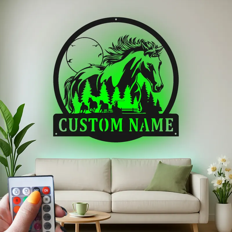 Insegna LED personalizzata con cavallo | Arte in metallo personalizzata | Decorazione rustica per amanti dell'equitazione