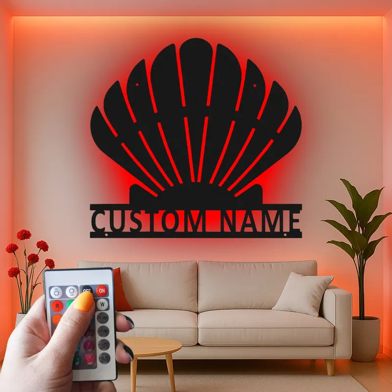 Insegna in metallo LED a forma di conchiglia personalizzata | Arte murale costiera personalizzata | Decorazione per casa al mare e bagno