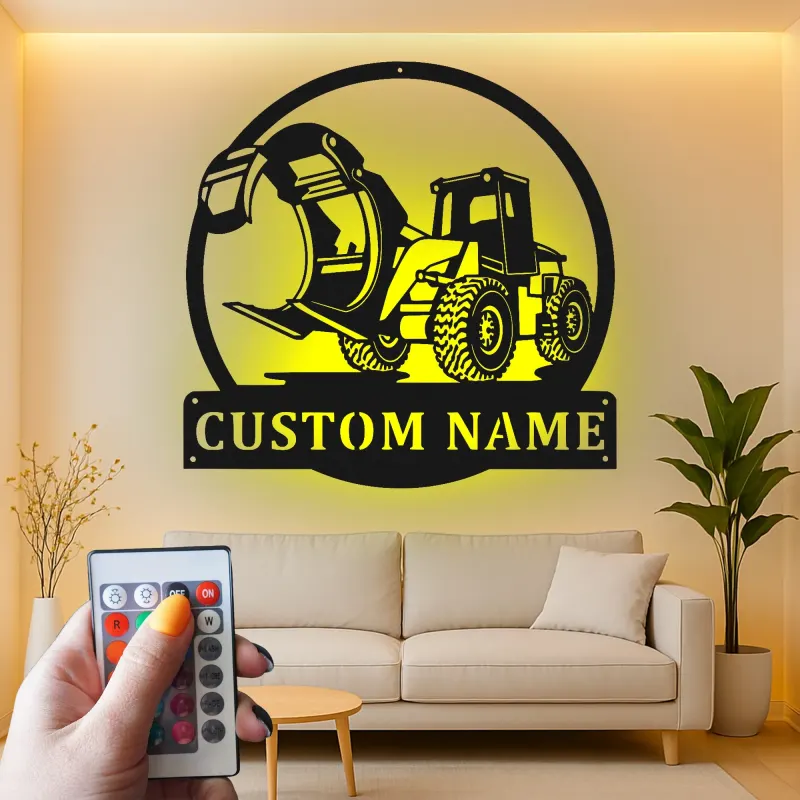 Cartel de metal con grapadora cargadora para tala | Decoración mural LED personalizada para leñador | Decoración para maquinaria pesada para sala de ocio