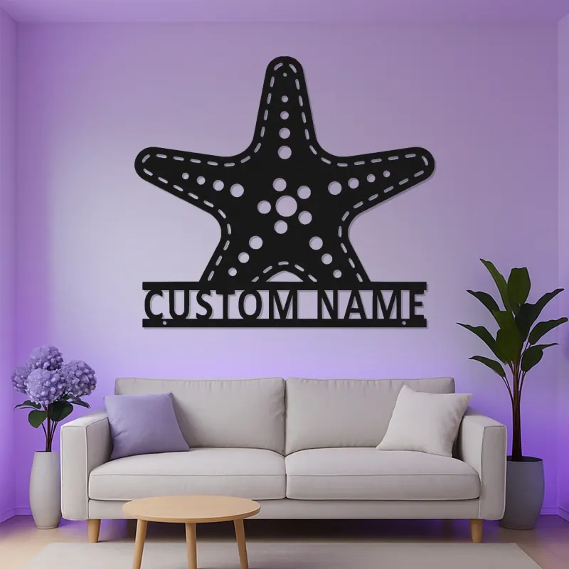 Letrero LED personalizado con estrella de mar | Arte mural de vida marina en metal | Regalo de decoración costera para casa de playa