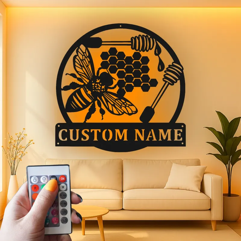 Décoration murale en métal personnalisée Abeille et Rayons de miel avec rétroéclairage