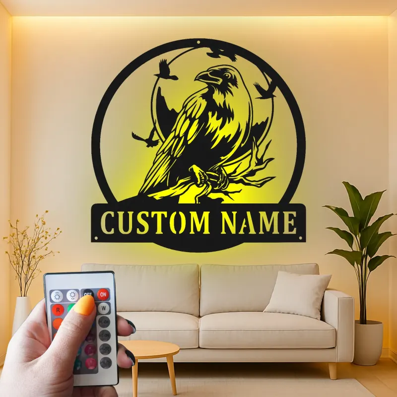 Cartel de metal LED con cuervo personalizado, regalo para amantes de las aves, decoración única para sala de estar