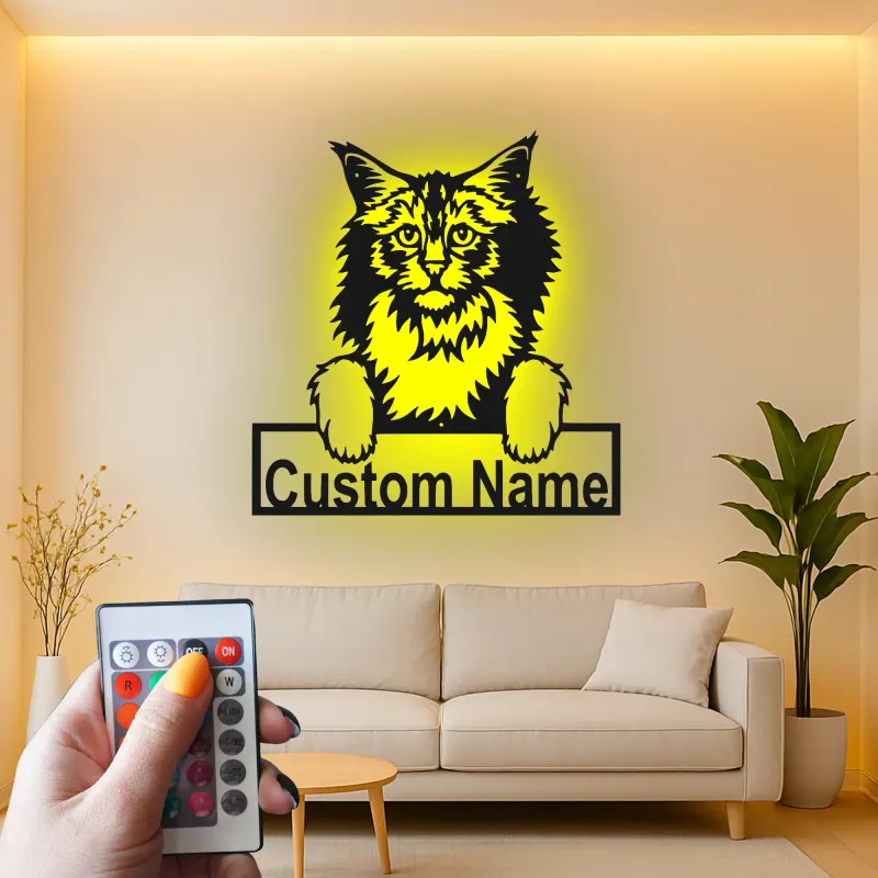 Décoration murale en métal personnalisée avec chat Maine Coon, rétroéclairage LED, cadeau pour amoureux des animaux, décoration de salon