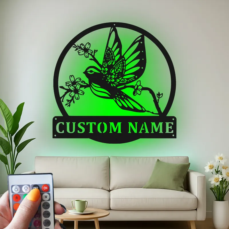 Insegna in metallo personalizzata con uccello e fiori e luce LED regalo per amanti della natura decorazione per camera da letto o soggiorno