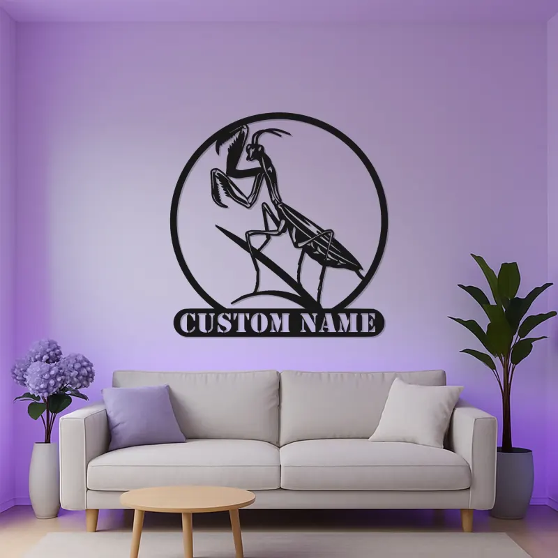 LED-Metall-Wandkunst mit Gottesanbeterin | Personalisierte Insekten-Schild | Biophiles Dekor für Zuhause & Garten | Geschenk für Naturfreunde