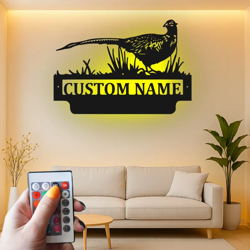 Pheasant Metal Wall Art with LED | Custom Name Sign for Hunters | Cabin & Lodge Decor | Ring-Necked Bird Silhouette