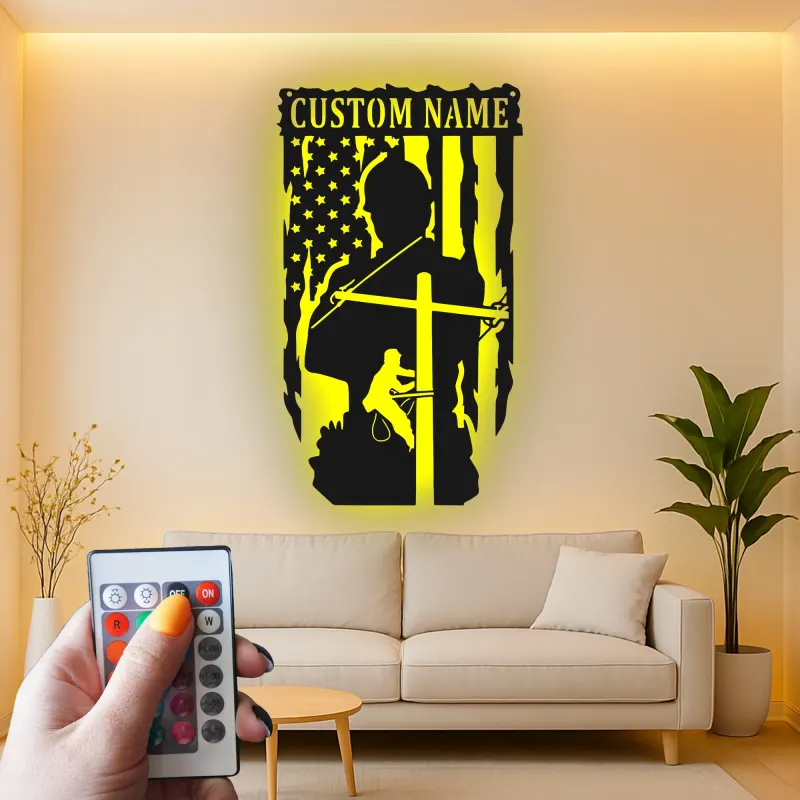 Lineman American Flag LED Sign | Custom Metal Wall Art | Personalized Electrician Gift for Man Cave | Patriotic Home Decor