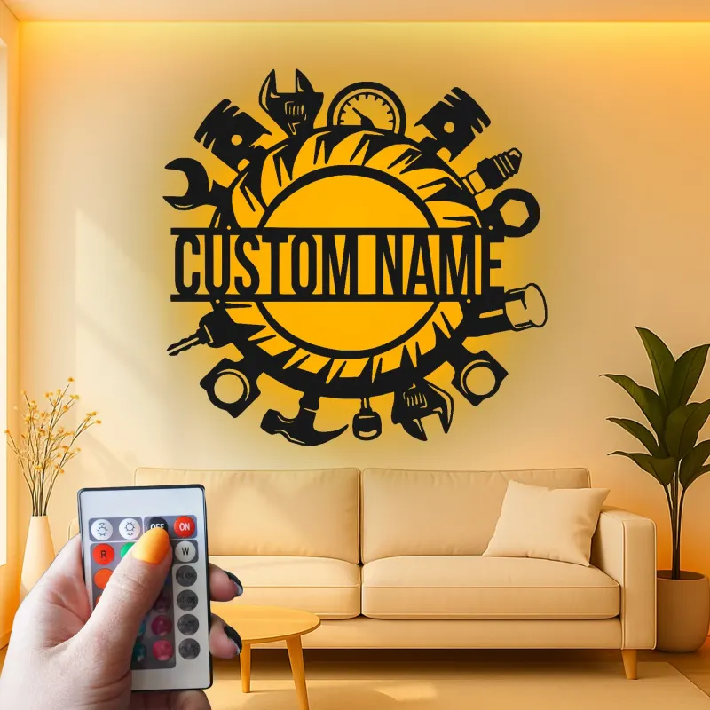Insegna da Garage Personalizzata con LED | Insegna in Metallo per Strumenti da Meccanico | Decorazione per Officine per Appassionati di Auto