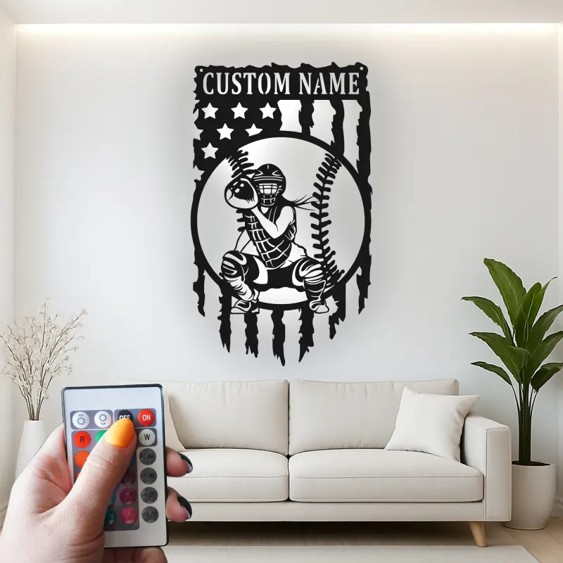 Insegna in metallo personalizzata con luce LED per catcher di baseball - Regalo sportivo personalizzato per atleti e decorazione per sale giochi
