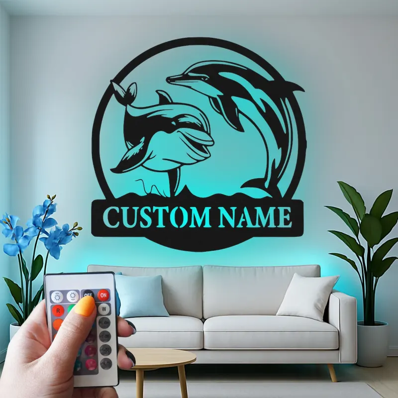 Insegna in metallo personalizzata con delfini retroilluminata, regalo per amanti dell'oceano, decorazione nautica per casa al mare