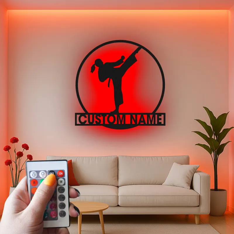 Custom Karate Kick Led Light Metal Wall Art Martial Arts Gift for Karate Enthusiasts Dojo or Gym Decor