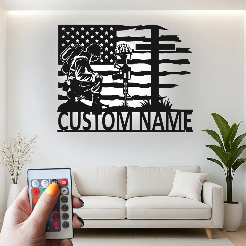 Kneeling Soldier Metal Sign | Custom Military Memorial Wall Art | Personalized Veteran Remembrance Gift with LED