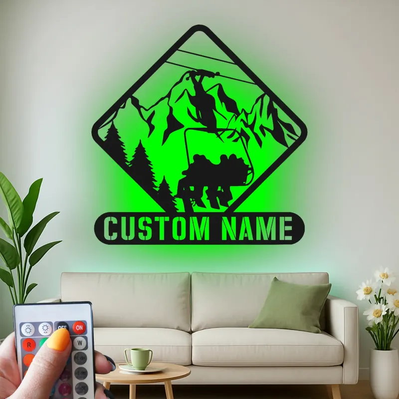 Custom Ski Lift Metal Sign | Personalized Mountain LED Wall Art | Ski Lodge Decor & Gift for Skiers