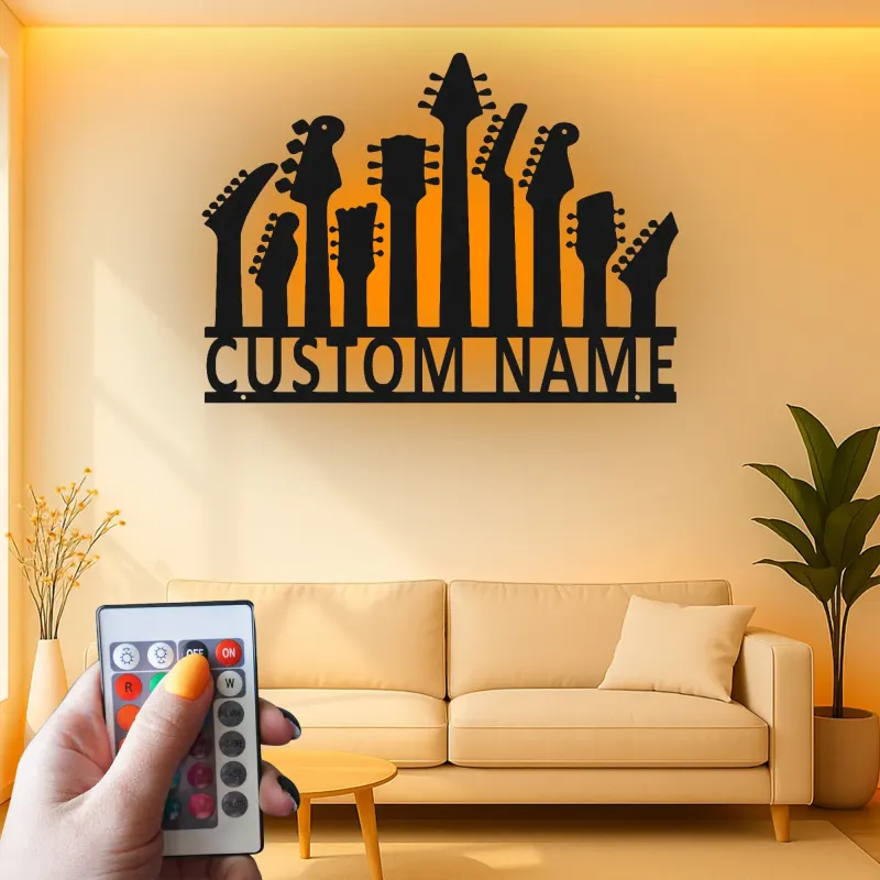 Insegna LED personalizzata a forma di chitarra | Decorazione murale in metallo su misura per studio musicale | Arredo con nome del musicista | Regalo per chitarristi