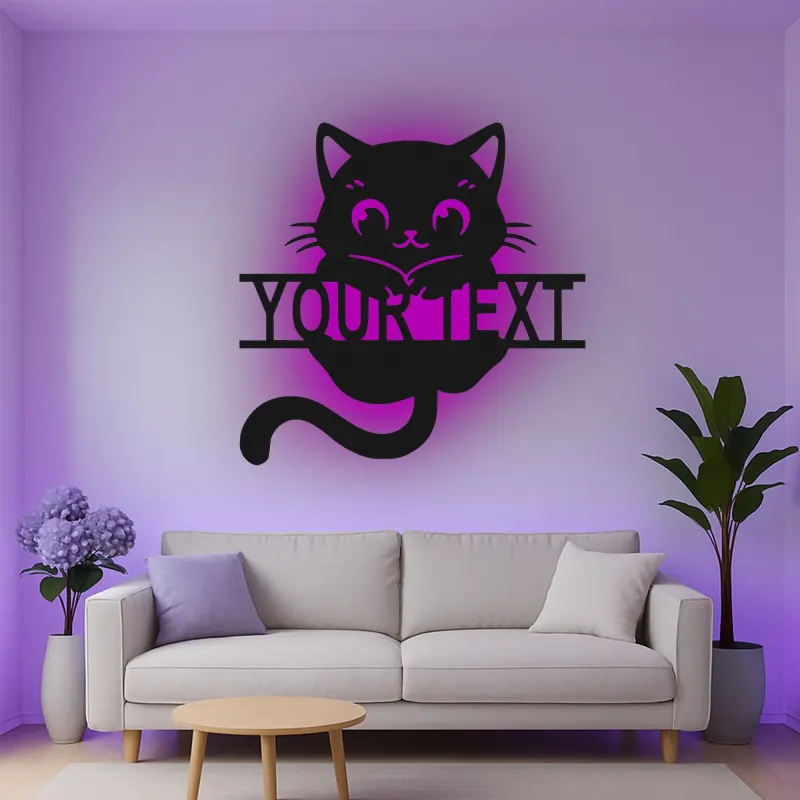 Décoration murale en métal personnalisée en forme de silhouette de chat avec rétroéclairage LED - Cadeau pour les amoureux des chats - Décor de chambre ou de salon 2