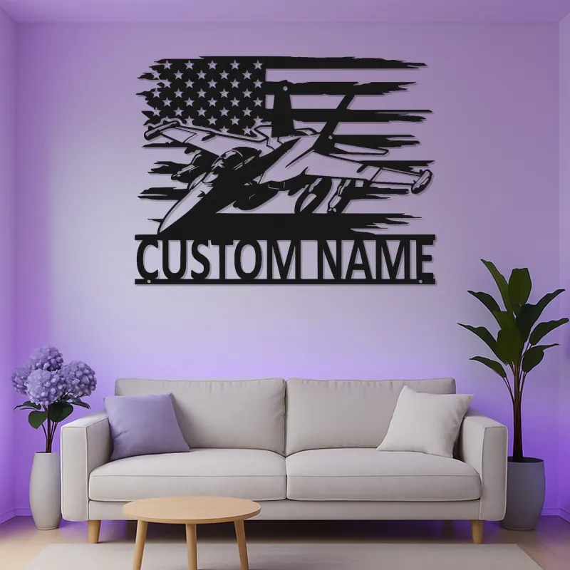 Insegna in metallo personalizzata con jet da combattimento | Arte murale LED personalizzata per pilota | Decorazione per sala hobby militare con bandiera USA