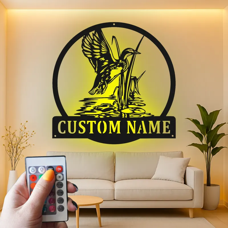 Personalisierte LED-Metall-Wandkunst mit Entenjagd-Motiv – Geschenk für Jäger, rustikale Hüttendeko