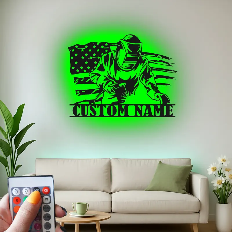 Insegna in metallo LED personalizzata con bandiera americana per saldatori, regalo personale per saldatori, decorazione per garage o laboratorio