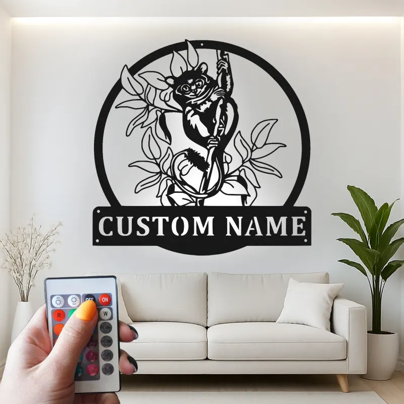 Insegna Nome Lemure Personalizzata | Arte in Metallo LED per Nursery a Tema Giungla | Decorazione Faunistica Personalizzata | Luce per Stanza Bambini Boho