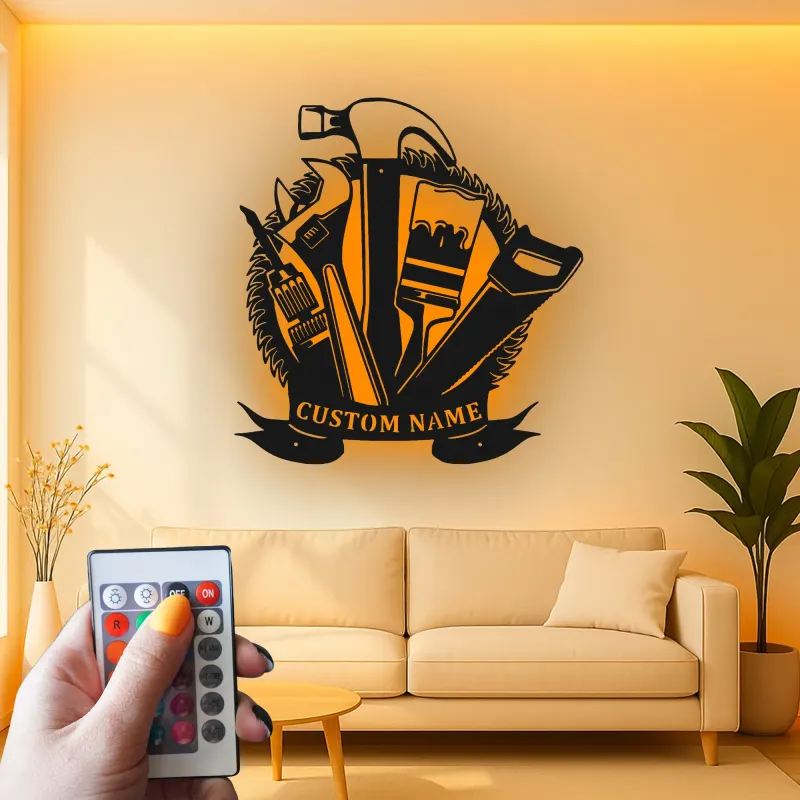 Cartel de metal personalizado con luz LED de juego de herramientas para regalo de manitas, decoración de garaje o taller 3