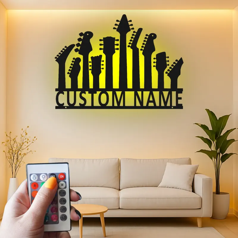 Panneau métallique personnalisé guitare avec LED | Décoration murale musicale sur mesure | Décoration murale en métal pour guitariste | Cadeau musicien