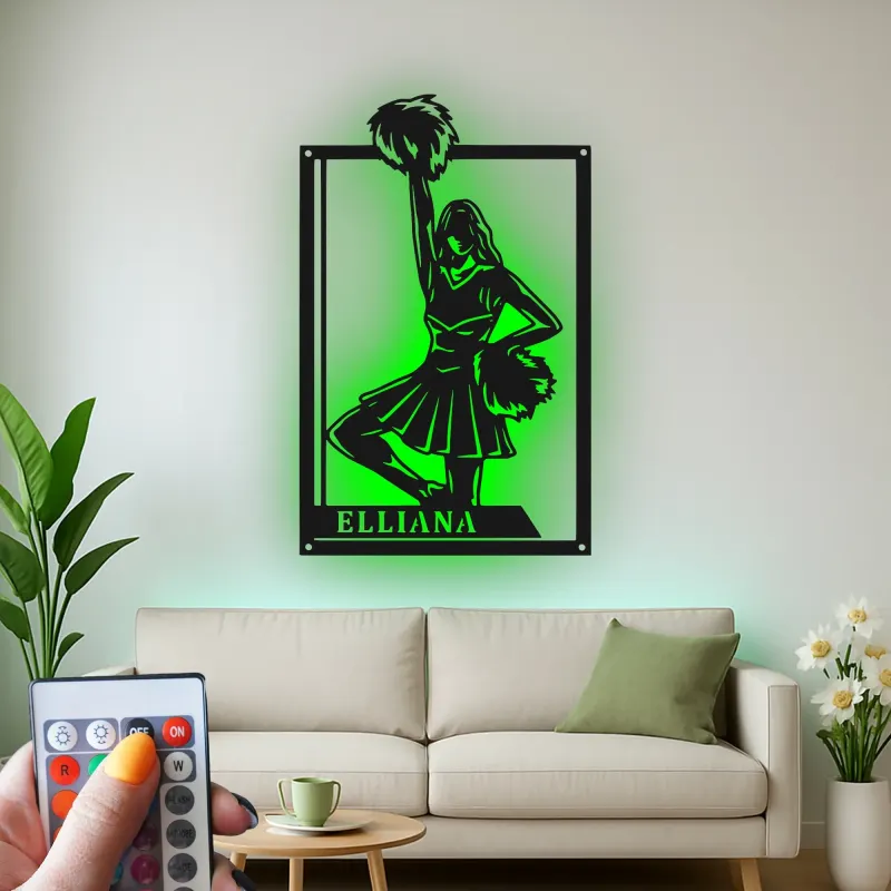 Personalisierte Cheerleader LED-beleuchtete Metall-Wandkunst – Geschenk für Cheer-Teamzimmer oder Spielzimmer-Deko