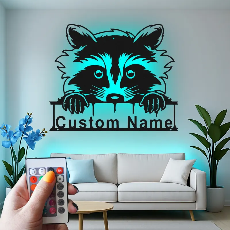 Panneau Métallique Raton Laveur Personnalisé | Plaque de Nom Rétroéclairée pour Nursery | Décor de Chambre d'Enfant Animaux de la Forêt