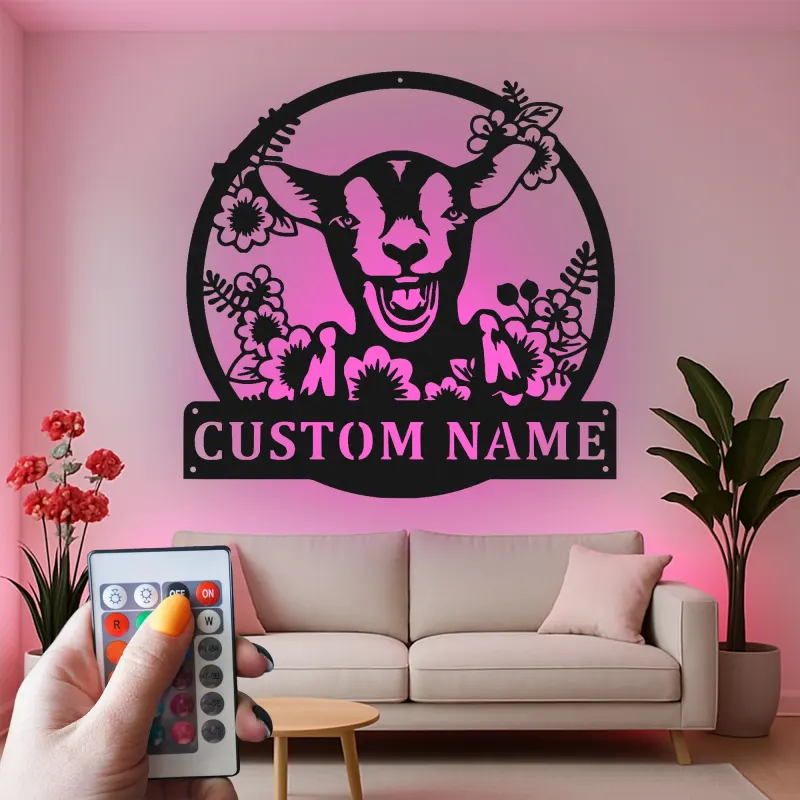 Insegna LED personalizzata con capra | Insegna in metallo personalizzata | Decorazione rustica farmhouse per amanti delle capre e camerette