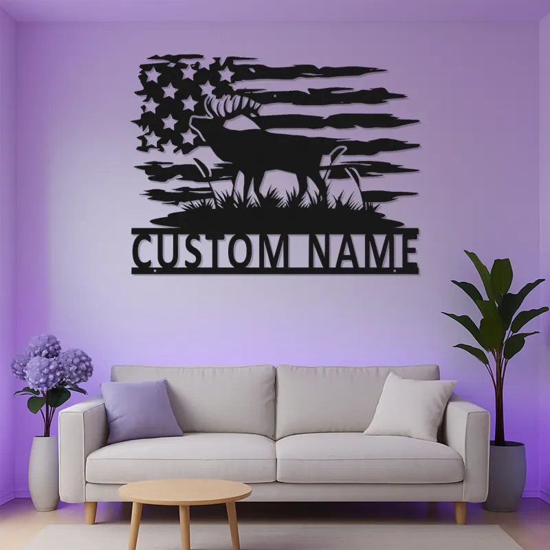Panneau en métal de moose personnalisé | Art mural lumineux du drapeau américain | Décor de chalet rustique | Cadeau personnalisé pour chasseur